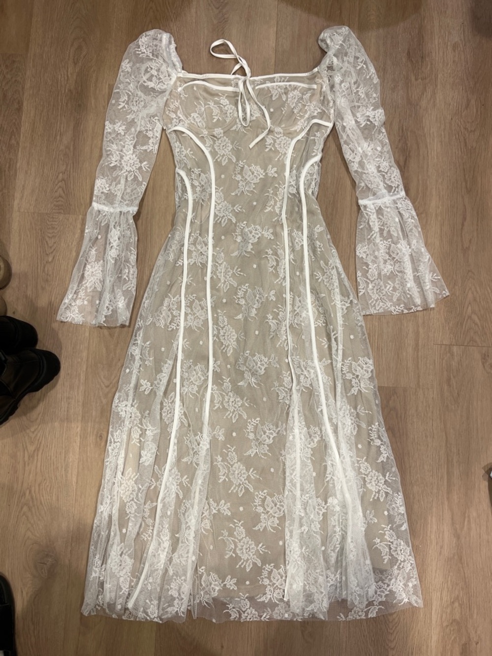 Sheer Lace Long-Sleeve Midi Dress - White